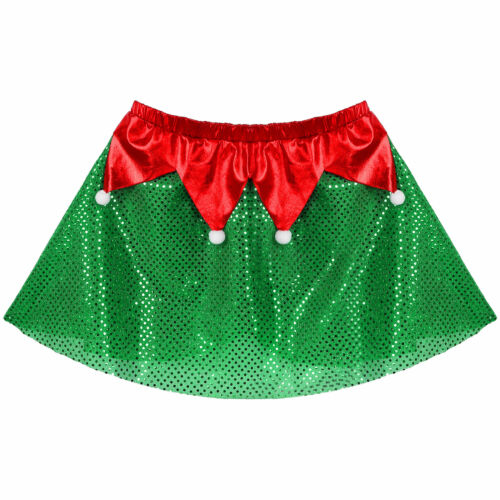 US Women Holiday Running Costume Skirt Sequins Santa Elf Dance Short Fancy Skirt