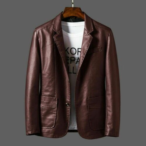 Mens Faux Leather Blazer Jacket Casual PU Suit Coat Soft Leather Coat Outwear
