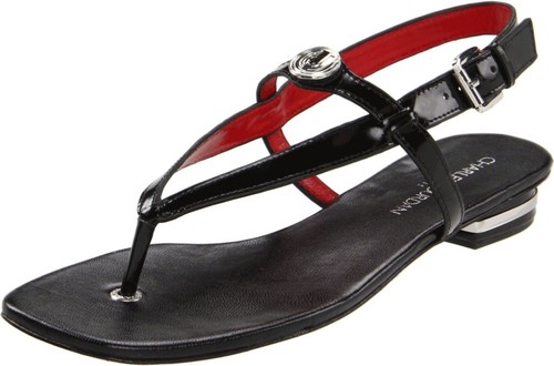 Charles Jourdan Lucy BLACK Flat Sandal Buckle Open-toe Slingback NEW Thong