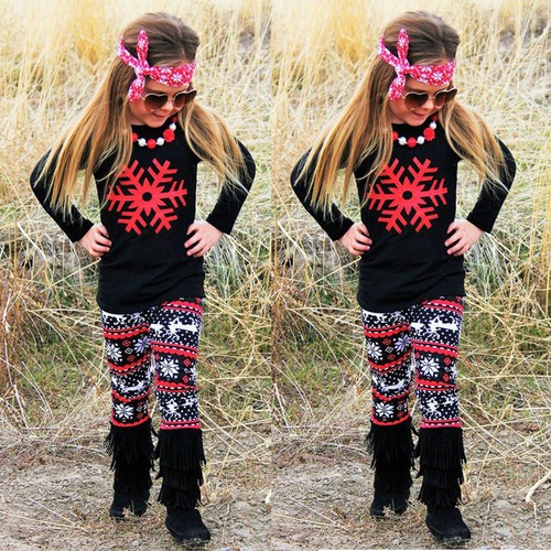 2PCS Toddler Kids Baby Girl Snowflake Tops T-shirt+Long Pants Outfit Clothes Set