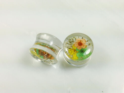 PAIR Yellow Dried Flower Acrylic Saddle Plugs Earlets Gauges Body Jewelry