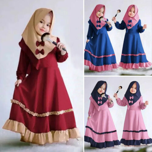 Toddler Baby Kid Girl Ramadan Muslim Abaya Dubai Robe Traditional Clothing Dress