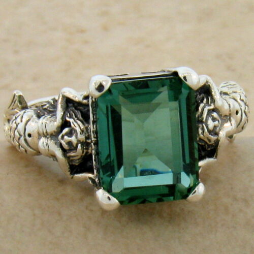 #828 MERMAID RING VICTORIAN 925 STERLING SILVER GREEN LAB AMETHYST SIZE 10