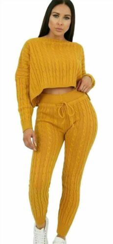 Details about   Women Cable Knit Crop Top Suit Ladies Co ord Loungewear  2pcs Tracksuit Set 