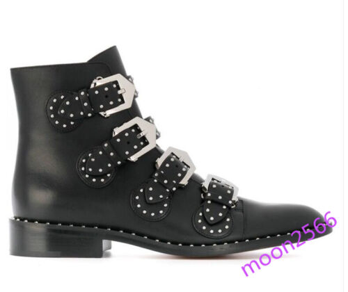 New Womens Runway Buckle Slip On Ankle Boots Leather Metal Punk Biker Boot Shoes 