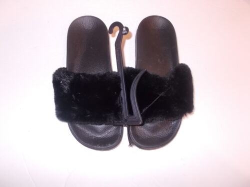Girls Black Faux Fur Slip On Slide Sandal Slippers Youth Size 13//1 OR 2//3