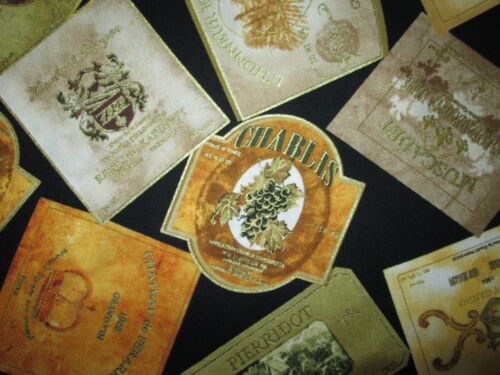 WINE BOTTLE LABELS NAMES METALLIC GOLD BLACK COTTON FABRIC FQ