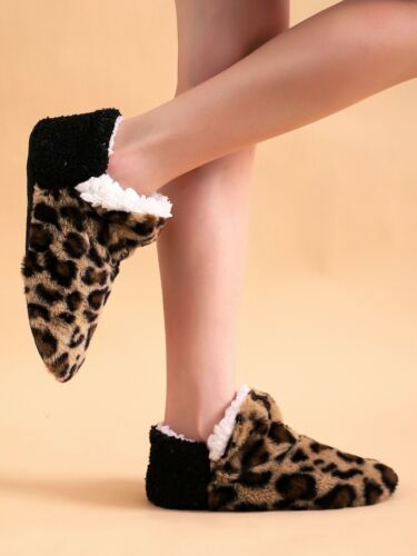 Ladies Leopard Faux Fur Soft Warm Womens Bootie Slippers Non Slip Sole