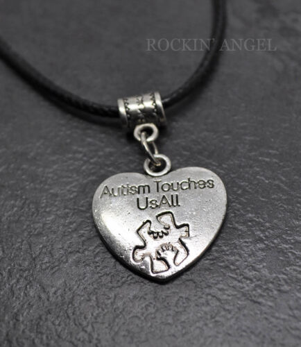 Antique Silver Plt Heart 'Autism Touches Us All' Awareness Pendant Necklace Love 