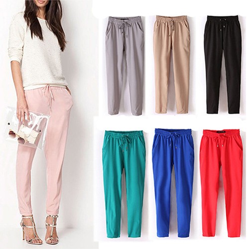 BU/_ Women Fashion Casual Chffion Pants Solid Color Elastic Waist Full Length Tro