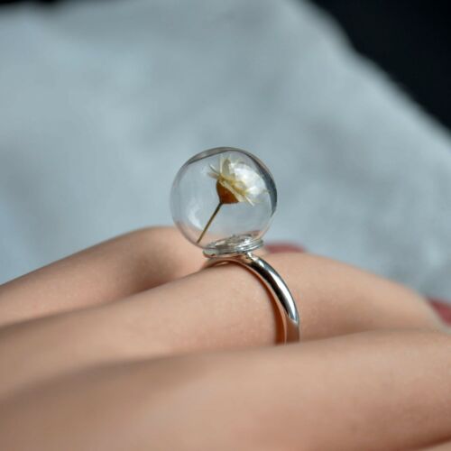 Details about  / Daisy White Real Flower Glass Ball Resizable Copper Rings For Women Boho Vintage