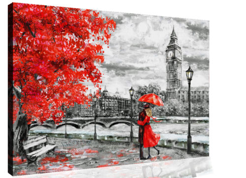London Oil Painting Big Ben Red Umbrella Canvas Wall Art Picture Print