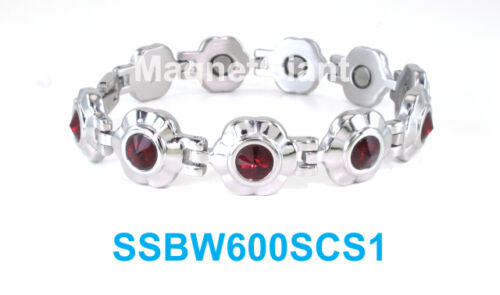 Dark Ruby Red Crystals on Silver Flowers Women magnetic stainless steel bracelet 