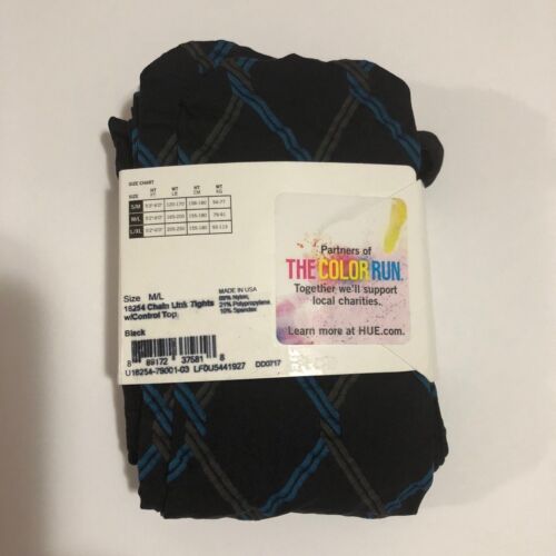 Details about  / HUE Chain Link Tights with Control Top Black with Blue /& Grey 18254 Size M//L