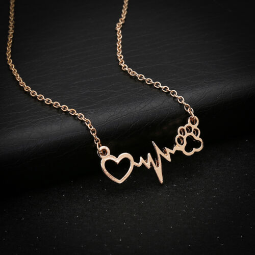 Women Electrocardiogram Rhythm Heart Beat Cat Dog Paws Clavicle Necklace Jewelry