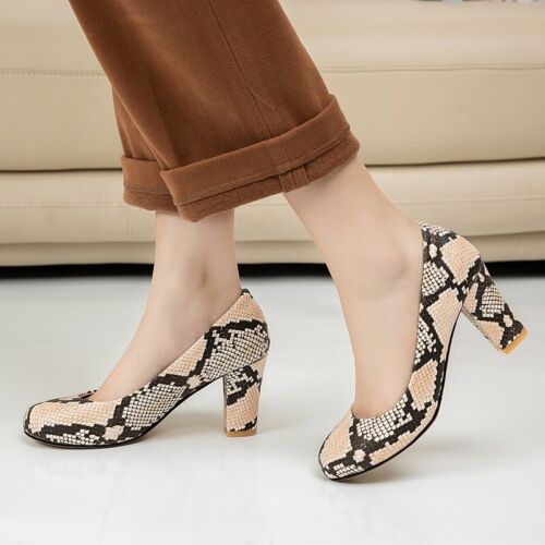 Details about   New Ladies Snakeskin Print Mid Heels Smart Work Round Toe Loafer Shoes 4 Colors 