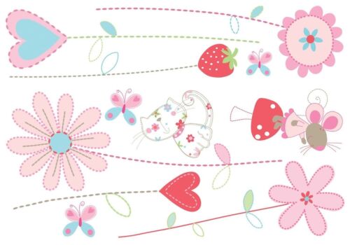 PRETTY LITTLE GARDEN Wall Decals Flowers Hearts Pink Room Decor Stickers Cat