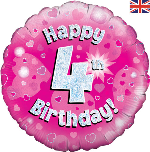 Happy 4th BirthdayPink /& Silver Holographic 18/" Party Foil Balloon 1-5pk