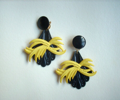 boucle d'oreilles clips noires et jaunes pendantes 