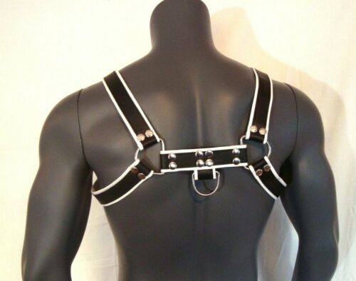 Classic White Leather Bulldog Chest Harness Size S/M/L optional C-ring extension 