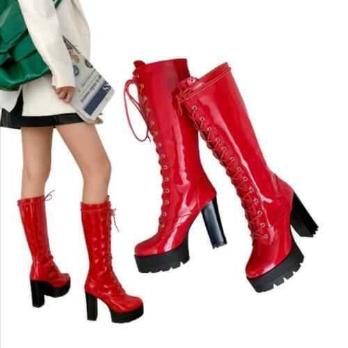 Details about   3 Colors Women Patent Leather Block Heel Platform Knee High Boots Gothic Punk L 