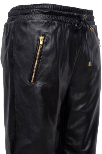 LADIES JOGGING BOTTOM TROUSERS REAL NAPPA LEATHER SWEAT TRACK PANTS ZIP BLACK
