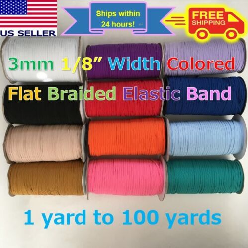 3mm 1/8 Inch Colored Flat Braided Elastic Band Cord for DIY Face Masks 