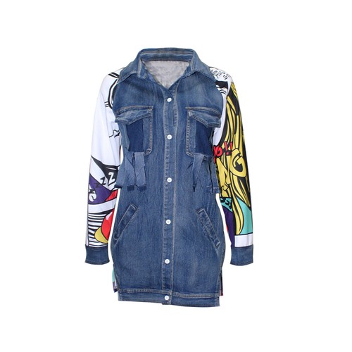 Fashion Women Graffiti Jean Denim Jacket Casual Long Sleeve Outwear Coat Pockets