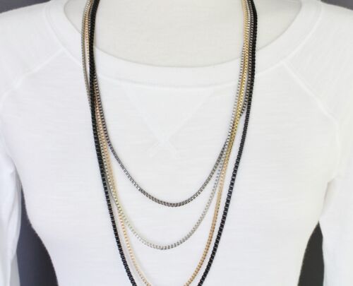 Black Gold Silver tone 4-strand box chain draped 32/" long statement bib necklace