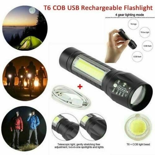 Portable T6 COB LED Flashlight Torch 18650 USB Lamp Light Camping Rechargeable