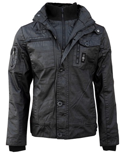 Crosshatch Uomo Giacca Transizione Plixxed Cotone Coated Giacca Nero Parka Nuovo