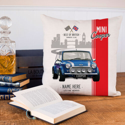 Blue MINI Cushion Cover British Classic Car PERSONALISED Dad Gift CC03