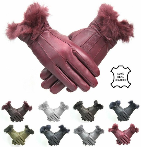 Femmes Véritable Noir Gants en cuir avec bordure en fourrure Nœud Polaire Doublé Hiver