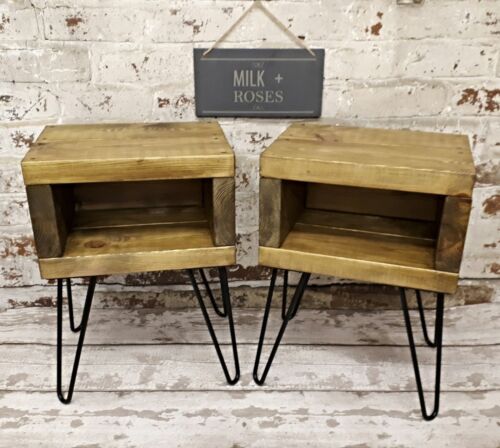 A PAIR of Rustic bedside tablesindustrial nightstand with black hairpin legs 