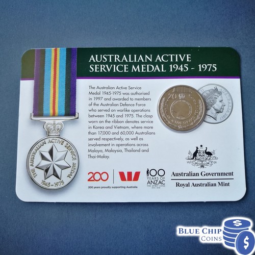 AUS ACTIVE SERVICE MEDAL 1945-75 COIN ON CARD 2017 20C LEGENDS OF THE ANZACS