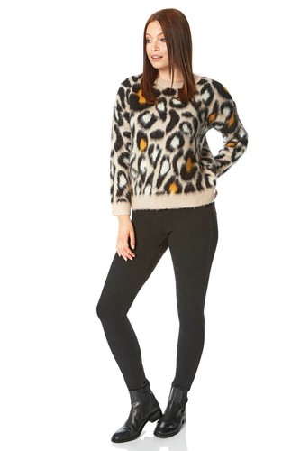 Women Roman Originals Fluffy Animal Print Long Sleeve Round Neck Jumper
