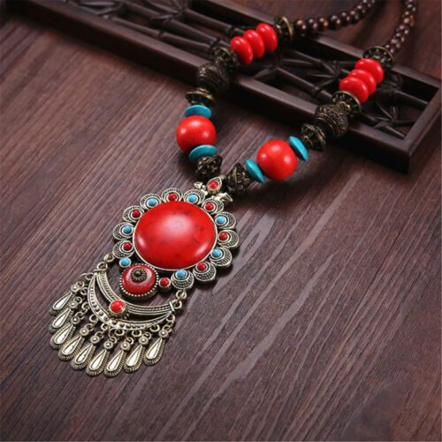 Fashion Women Boho Jewelry Ethnic Necklace Pendant Wood Bead Sweater Chain Gift 