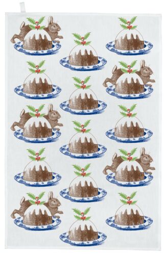 Hand printed UK Thornback & Peel "Christmas Pudding" Pure cotton tea towel 