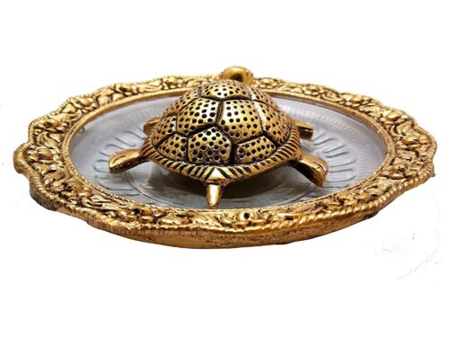 Metal Feng Shui Tortoise On Plate Showpiece Golden, Diameter: 5.5 Inch 