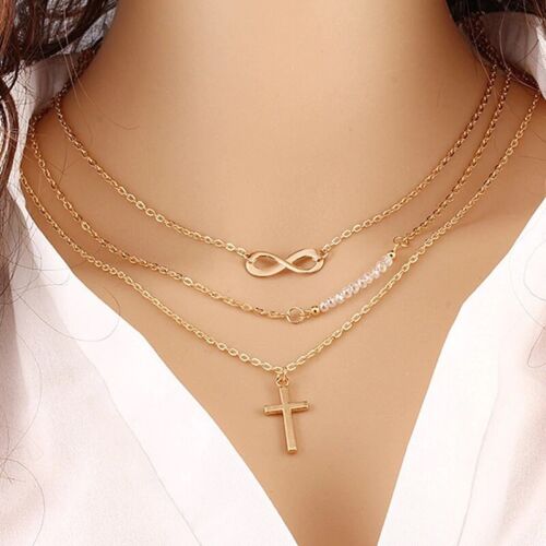 Infinity Cross Multi-strand Necklace Chain Crucifix Pendant 