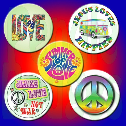 45mm x 5 Hippy Fancy Dress Badge Set 1¾/" Hippie