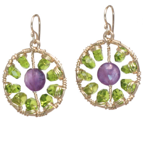 Bohemian Hammered Circle Drop Earrings w// Emerald Green Crystal and Amethyst