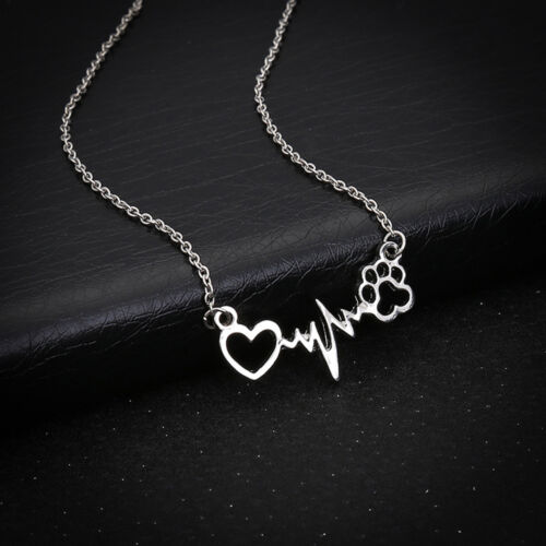 Women Electrocardiogram Rhythm Heart Beat Cat Dog Paws Clavicle Necklace Jewelry