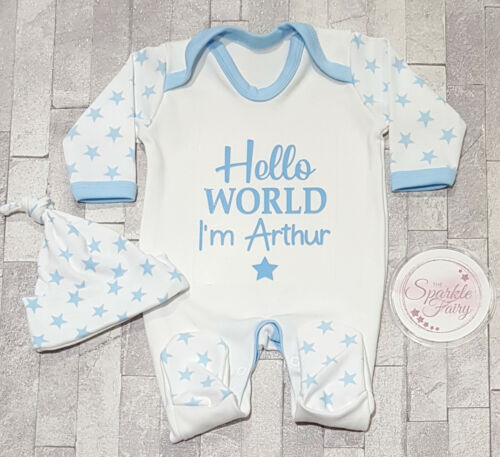 BLUE HELLO WORLD PERSONALISED SLEEPSUIT GROW BOY Baby Gift Hospital NEWBORN #2 