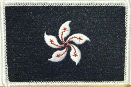 HONG KONG Flag Embroidered Patch W/ VELCRO® Brand Fastener Black Red & White 