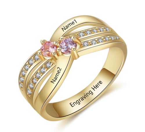 Girls Promise Ring Personalized 14k Gold IP 2 Birthstone & 2 Name 