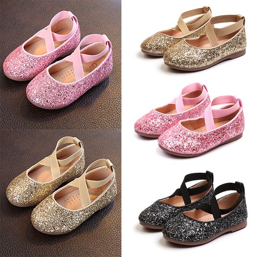 UK Girls Shoes Kids Glittery Ankle Striped Casual Princess Flat Dress Party SIZE