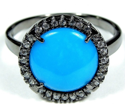 American Sleeping Beauty Turquoise 925 Sterling Silver Black Rhodium Ring sz 6-9