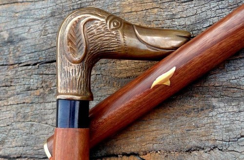 Brass Antique DOG Handle Wooden Walking Stick Cane Brown 36 Inch Long In 3 Fold