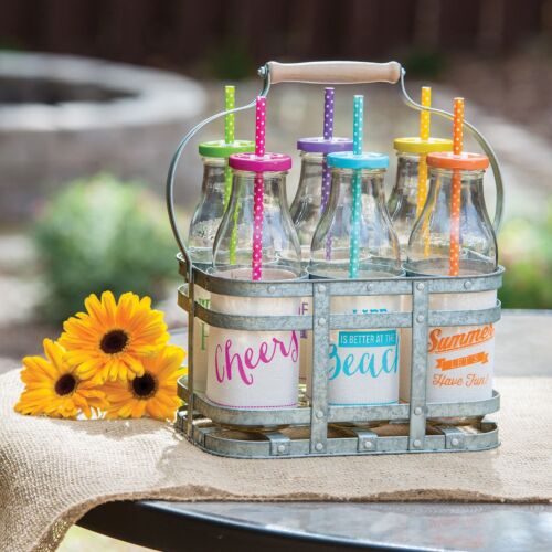 NEW Super Cute Milk Jug Bottle Party Drinking Set With Galvanized Carrying Caddy 